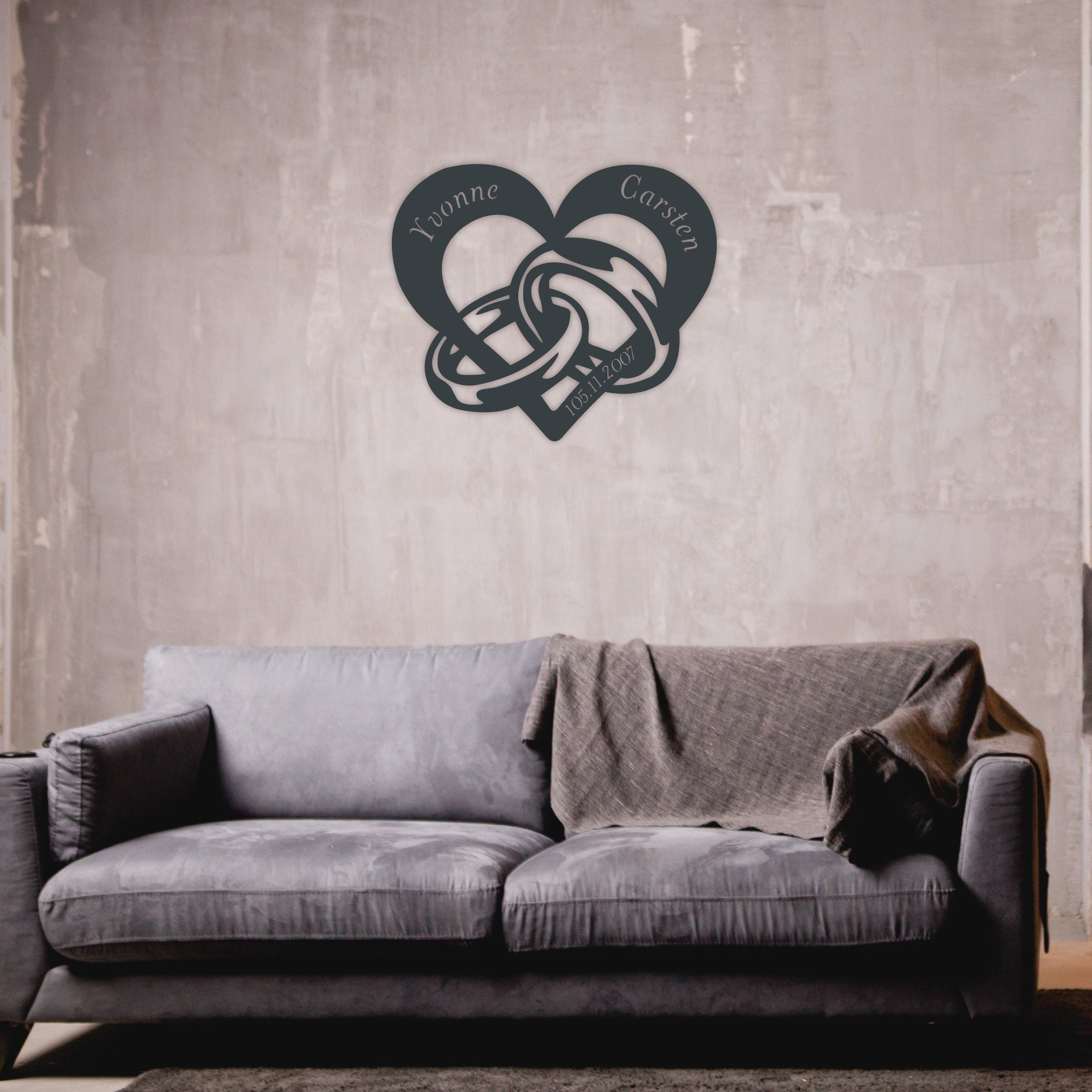 Steelmonks-Metallschild,Ringe im Herz. Motivschild Wanddekoration erhältlich in verschiednen Größen und Farben.